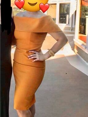 Off-Shoulder Bodycon Dress in mustard yellow